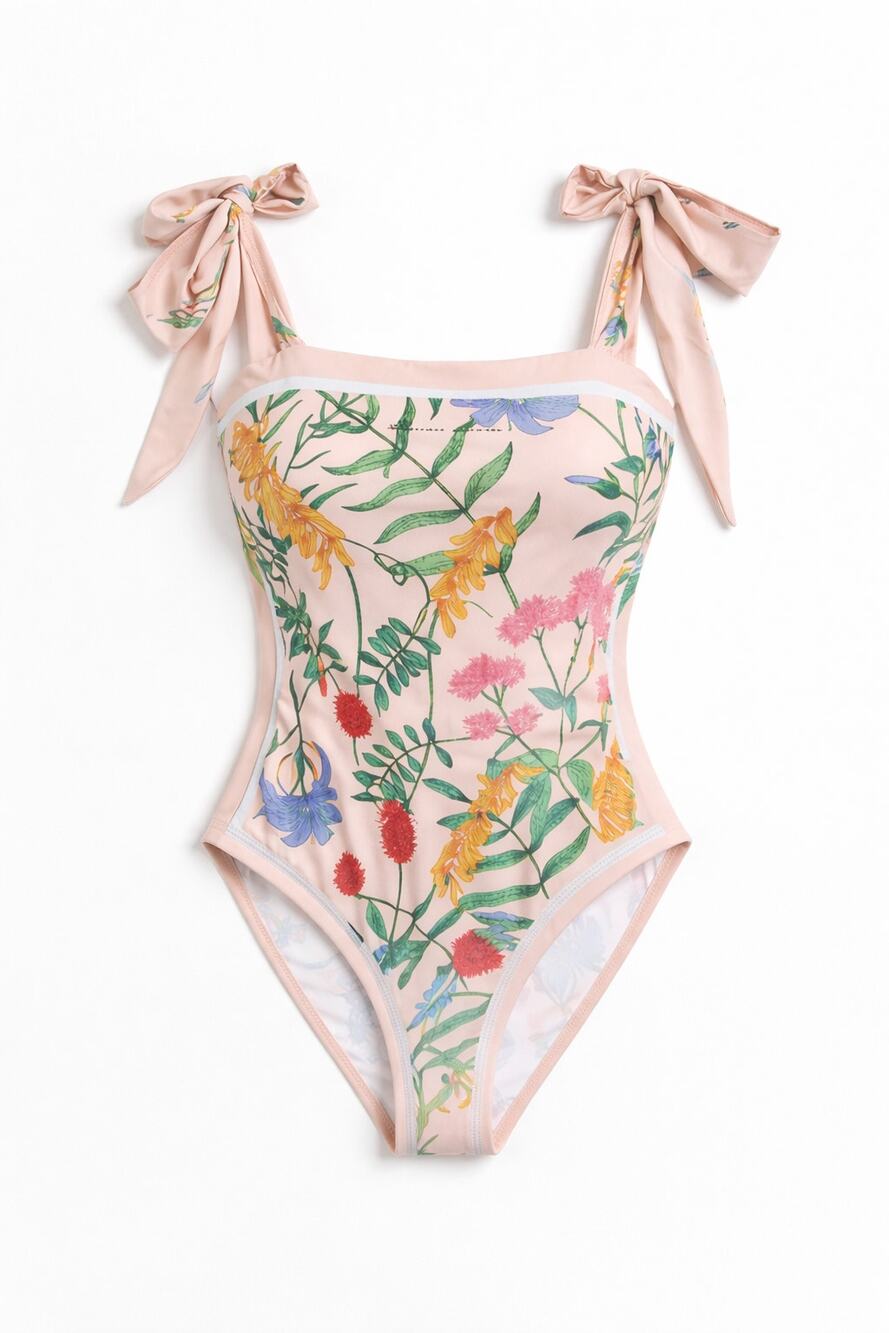 Visual Swim Floral One Piece Swimsuit Tie Shoulder Pink Botanical Size Small